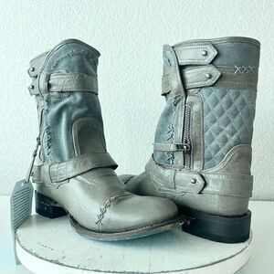 NEW Lane Boots Womens Gray Leather Canvas Mid-Calf Western Moto Style Zip Size 8